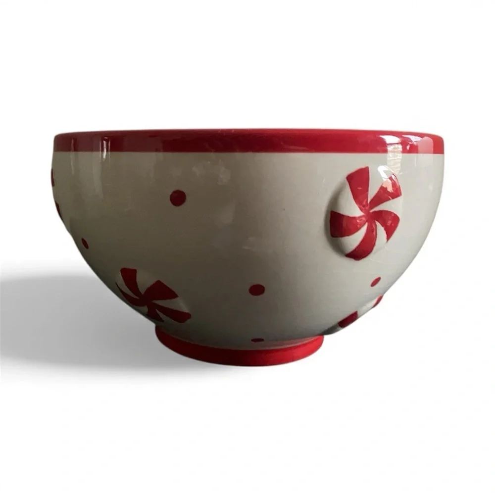Christmas Peppermint Swirl Stripe Polka Dot Ceramic Red and White Nesting Bowls